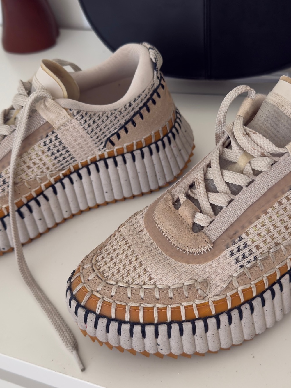 Chloe Beige and Tan Woven Platform Sneakers